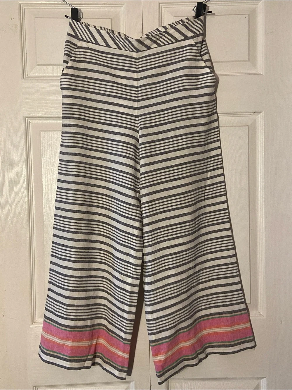 Trina Turk Black and White Striped Linen Blend Wide Leg Pants M